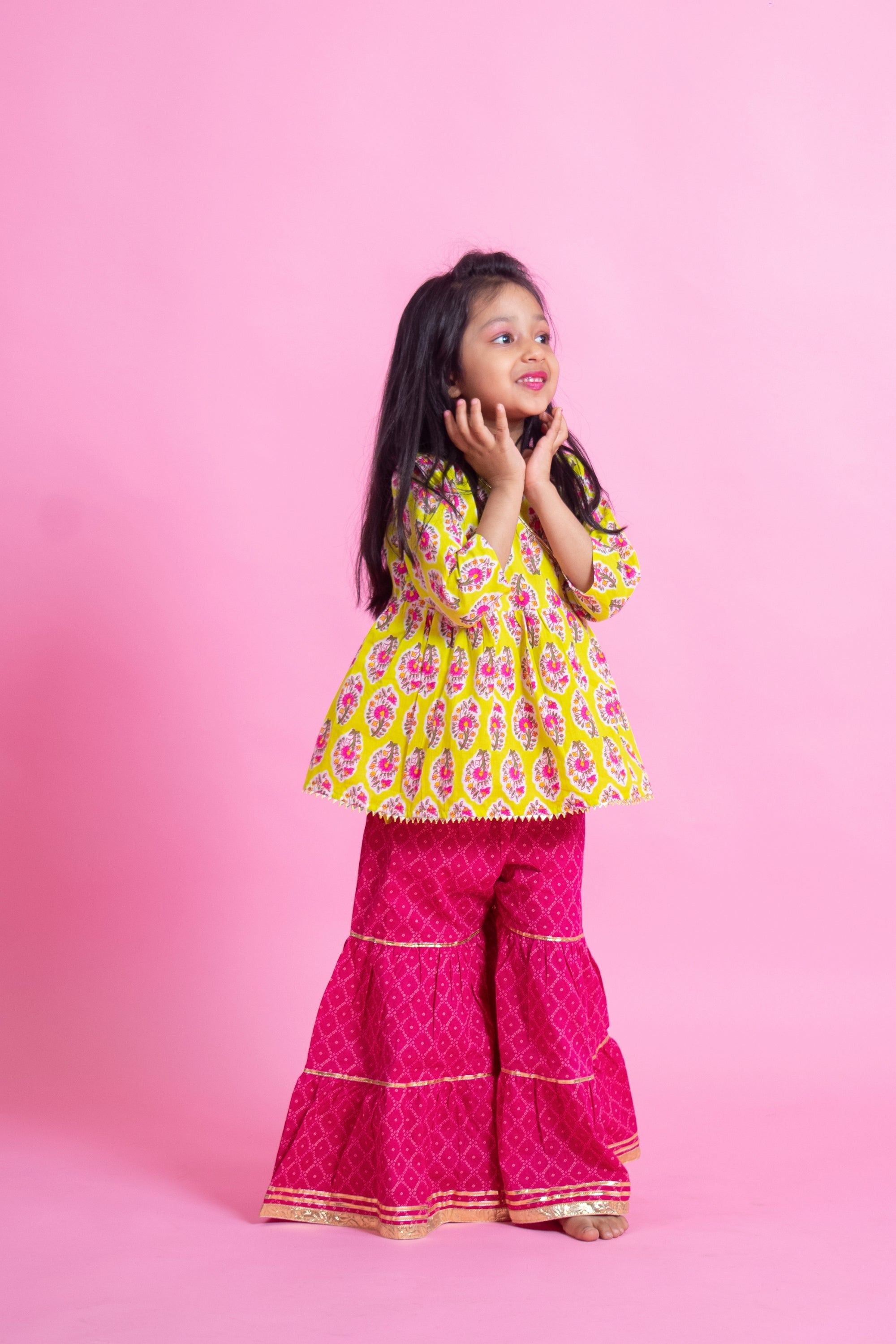 Buy Beautiful Pink Angrakha Anarkali in Cotton Base with Floral Print, gota  pati lace, dori tie-up Tassels, Sequins, and Mirror Embroidery, Designer  Kurti at Amazon.in